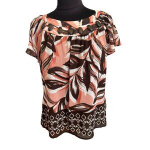 Women's Leaf Print Short Sleeve Top With Decorative Buttons, NO LABELS